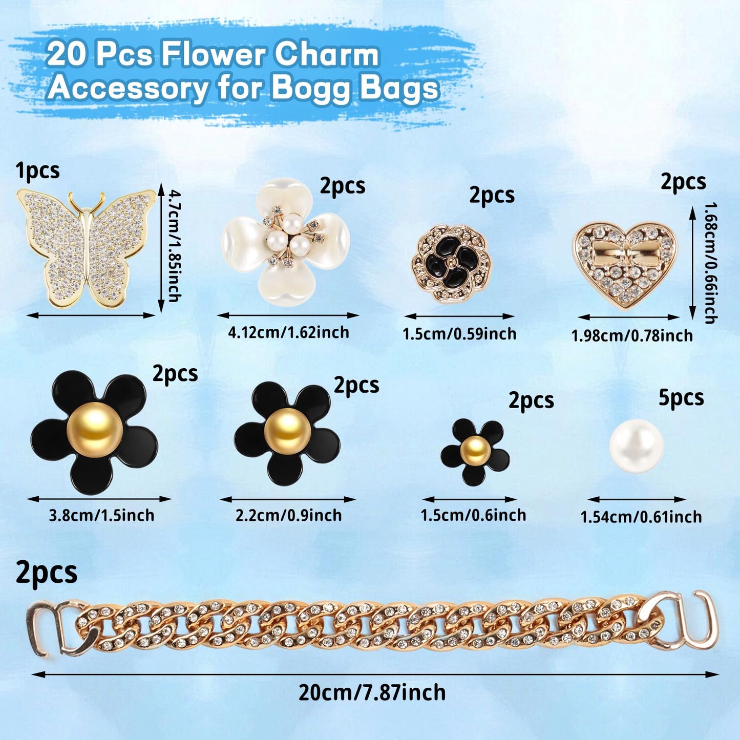 ROPCIA Charms for Bogg Bag,Pearls and Butterfly Flowers for Bogg Bag Accessories Charms Compatible with Simply Southern Beach Tote, Insert for Beach Tote (20 Pcs)