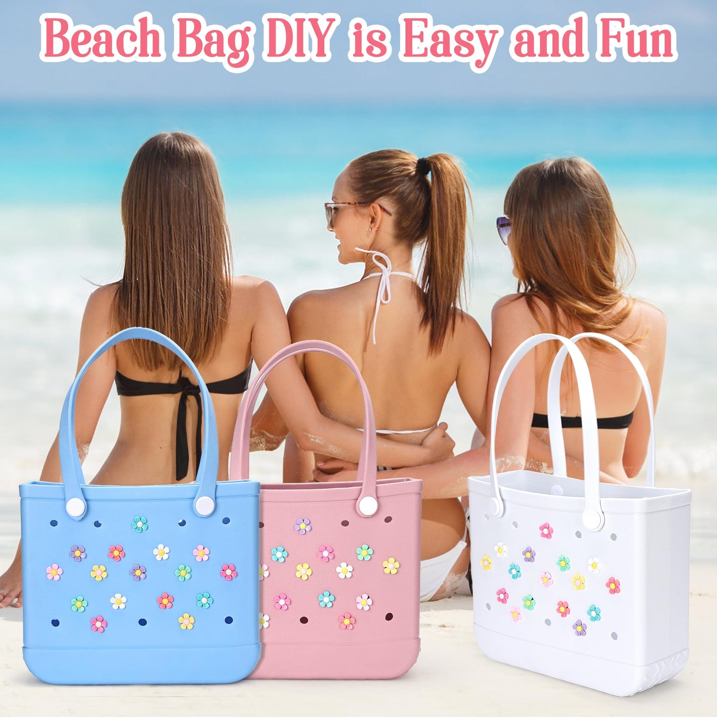 Ella & Emma 16Pcs Flower Charm Accessory for Bogg Bags and Simply Southern Totes, Decorative Accessories to Customize Your Beach Tote Bag (16pc Rainbow Flowers) (16pcs rainbow flowers)