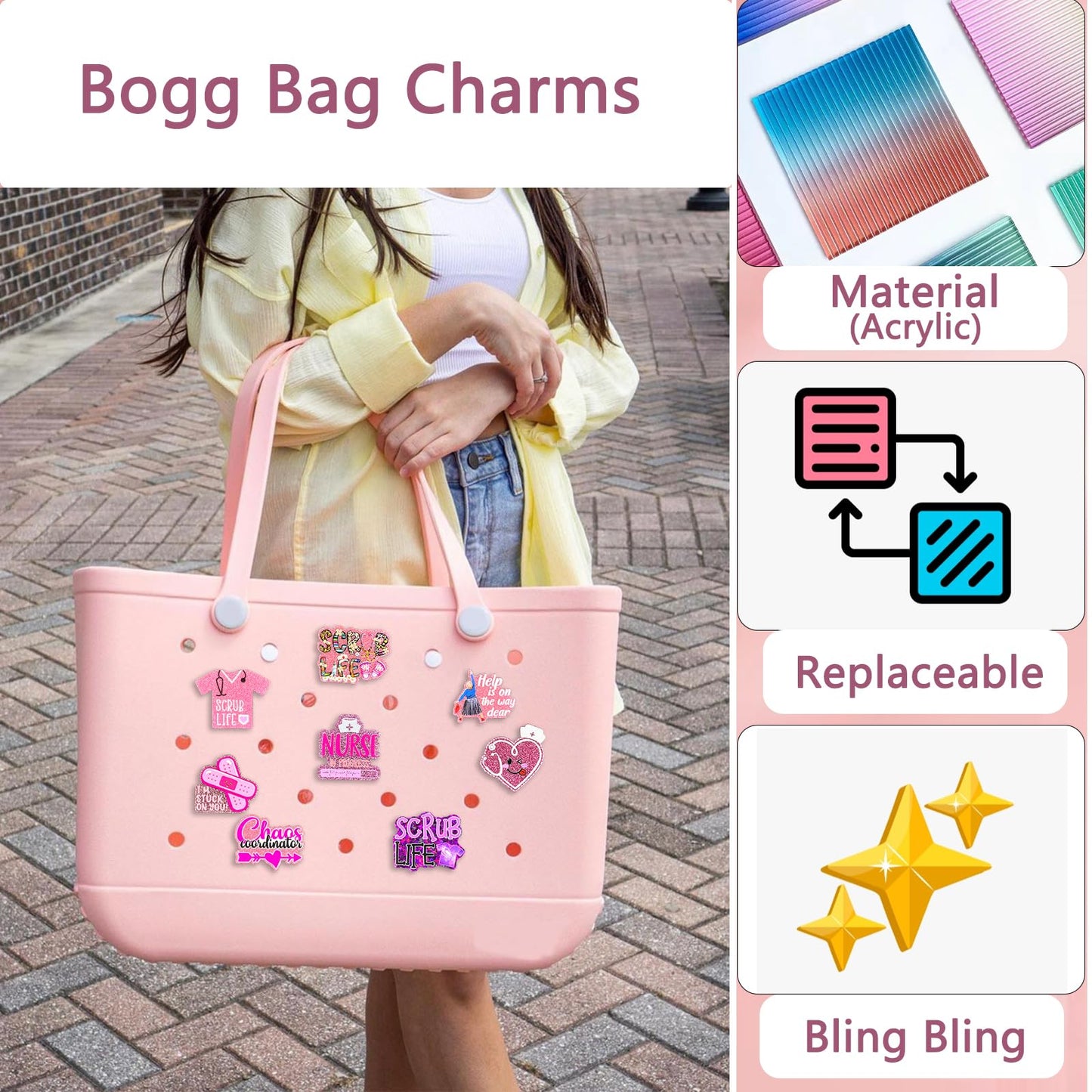 NiNiMay Bling Bag Charms for Bogg Bag,Cute Acrylic Nurse Life Charms for Bogg Bag Accessories,Compatible with Simply Southern Beach Tote,Nurse Women Girls