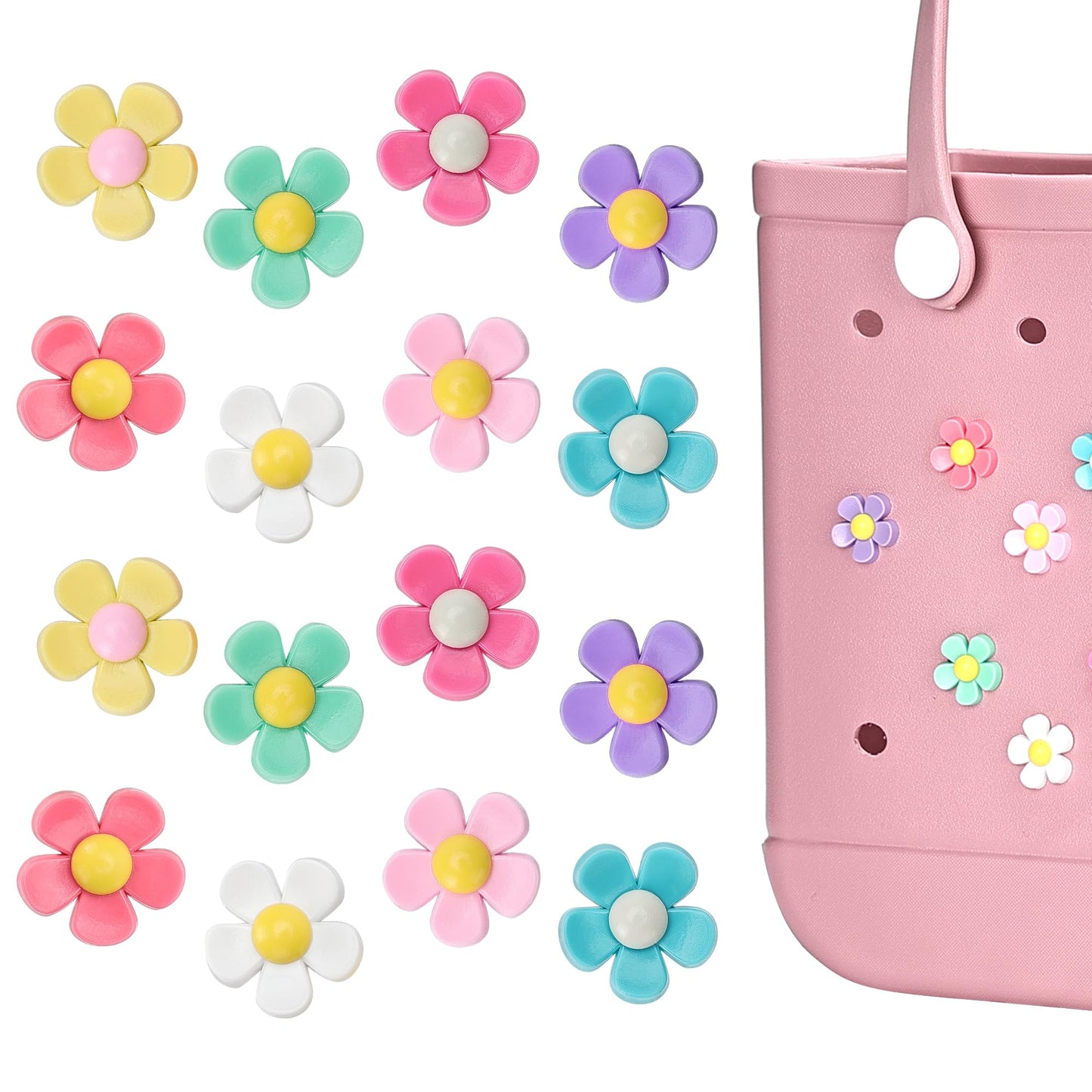 Ella & Emma 16Pcs Flower Charm Accessory for Bogg Bags and Simply Southern Totes, Decorative Accessories to Customize Your Beach Tote Bag (16pc Rainbow Flowers) (16pcs rainbow flowers)