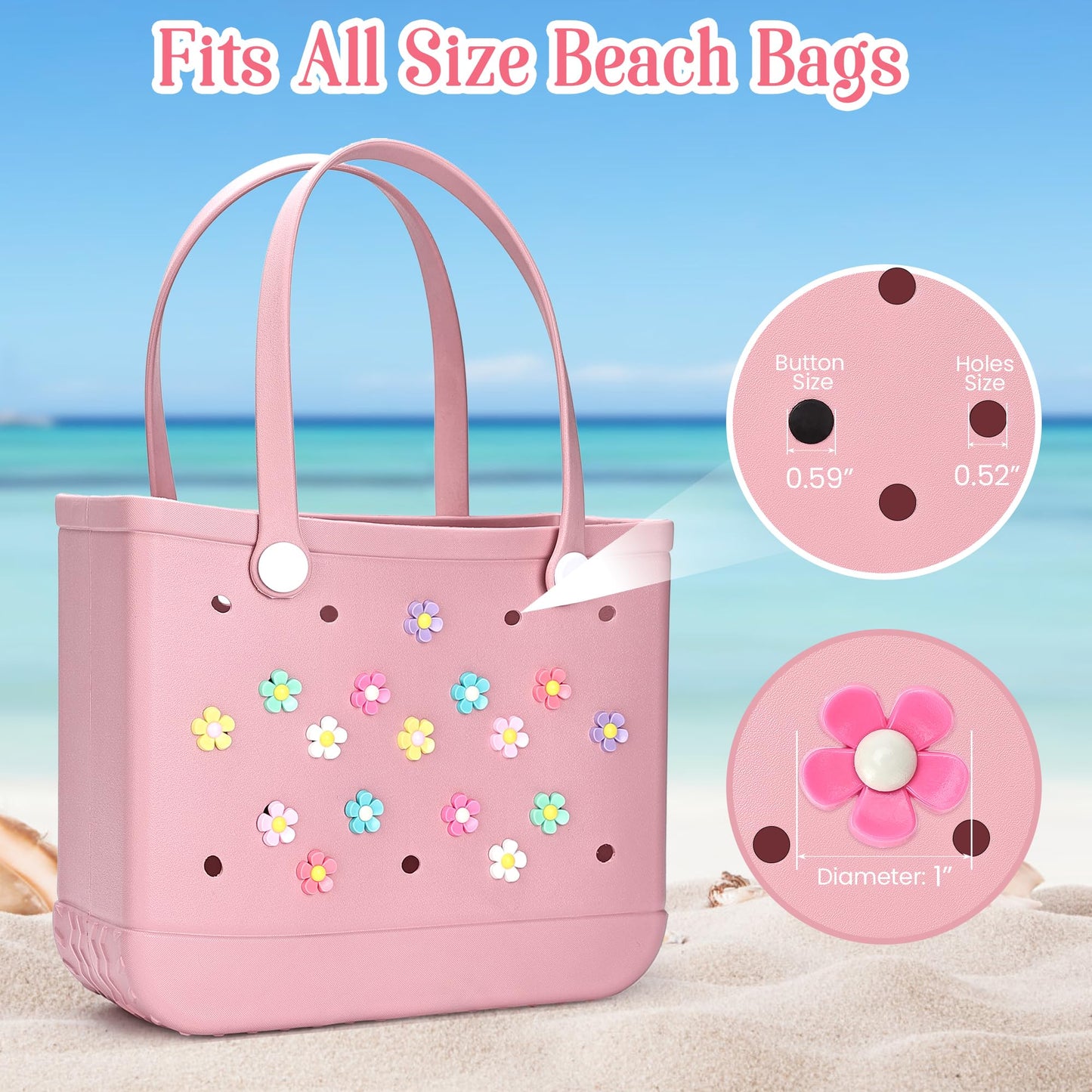 Ella & Emma 16Pcs Flower Charm Accessory for Bogg Bags and Simply Southern Totes, Decorative Accessories to Customize Your Beach Tote Bag (16pc Rainbow Flowers) (16pcs rainbow flowers)